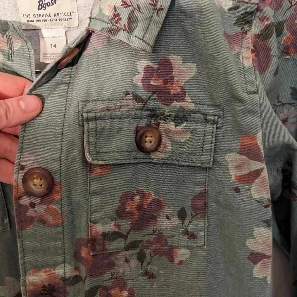 Oshkosh B'gosh green floral print denim jacket, girls size 14   G4